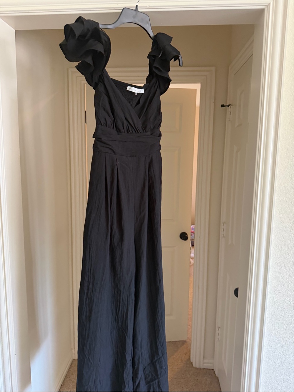Altar'd State Black Ruffle-Shoulder Wide-Leg Jumpsuit